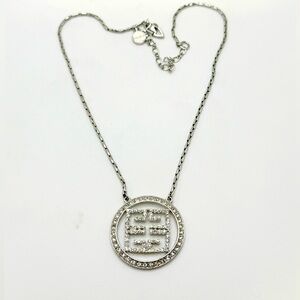 Givenchy Clear Crystal Medallion Logo Silvertone Necklace 4G Clasp 1990s 16+ 3in